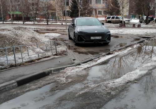 В Омске дорогую иномарку припарковали на тротуаре, поскольку на дороге была лужа